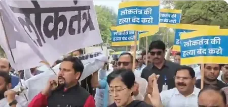 AAP Legislators Protest Outside Delhi Assembly Over Suspensions
