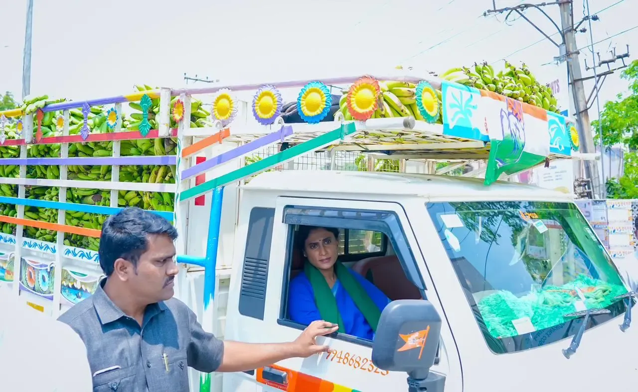 YS Sharmila Reddy Drives Banana Truck to Raise Awareness for Farmers