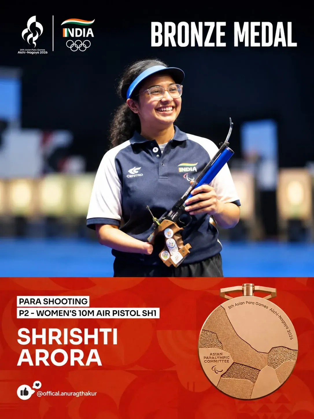 Anurag Thakur congratulates Shrishti Arora on Asian Para Games bronze