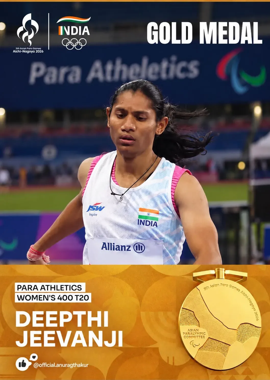 Anurag Thakur hails Deepthi Jeevanji's gold at Asian Para Games 2026