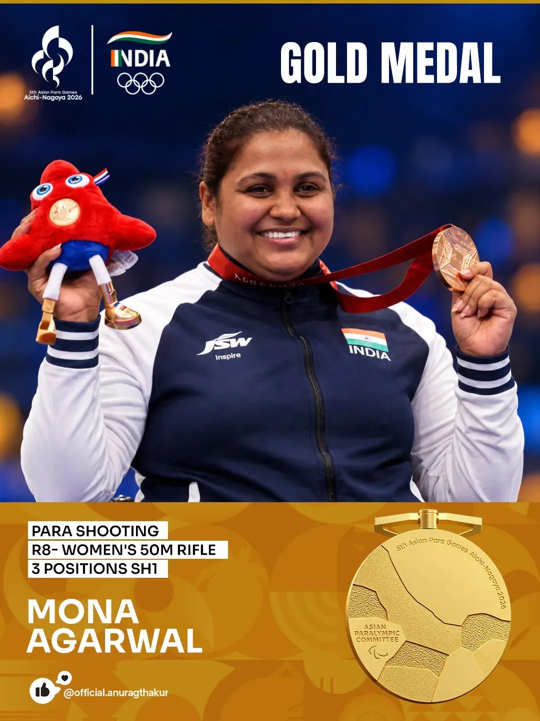 Anurag Thakur Hails Mona Agrawal's Gold, World Record at Asian Para Games 2026