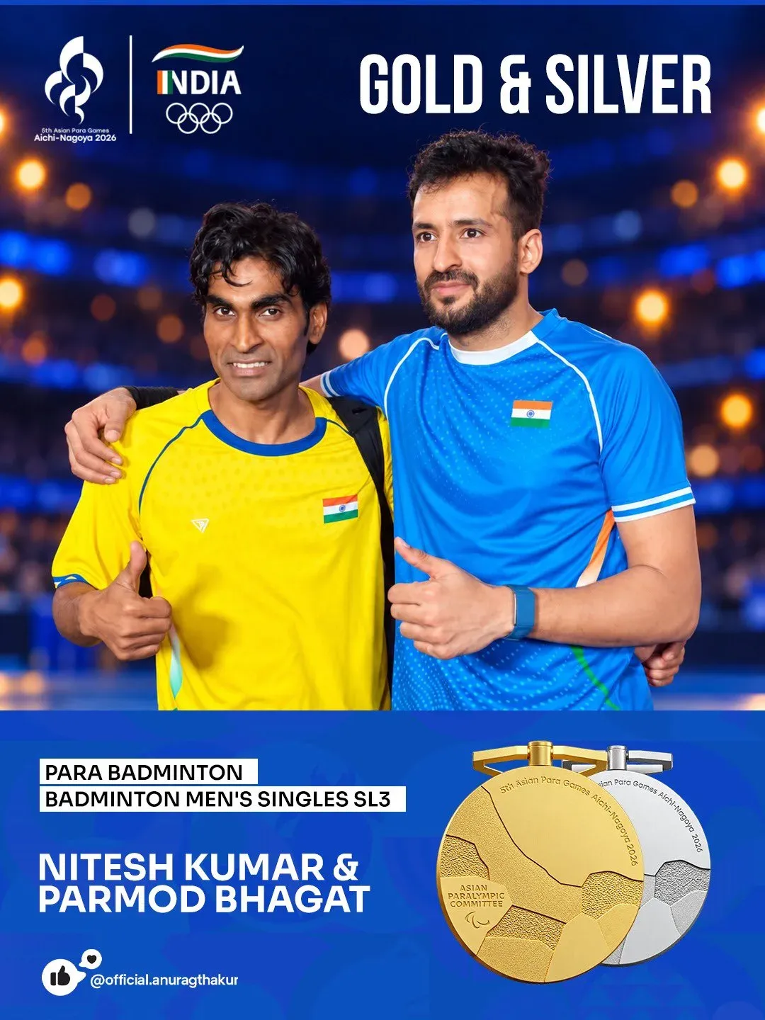 Anurag Thakur Hails Nitesh Kumar, Pramod Bhagat at Asian Para Games