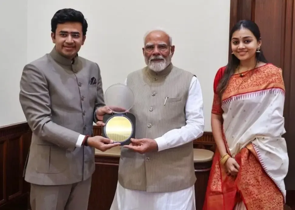 BJP MP Tejasvi Surya and Wife Present 750-Year-Old Manuscript to PM Modi