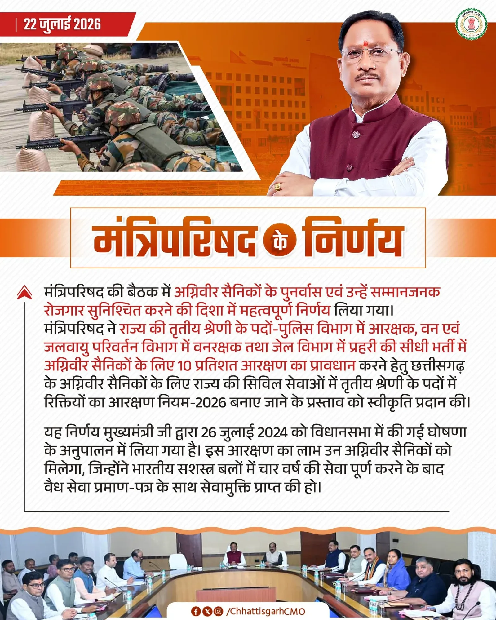 Chhattisgarh Cabinet Approves 10% Quota for Agniveers in State Jobs