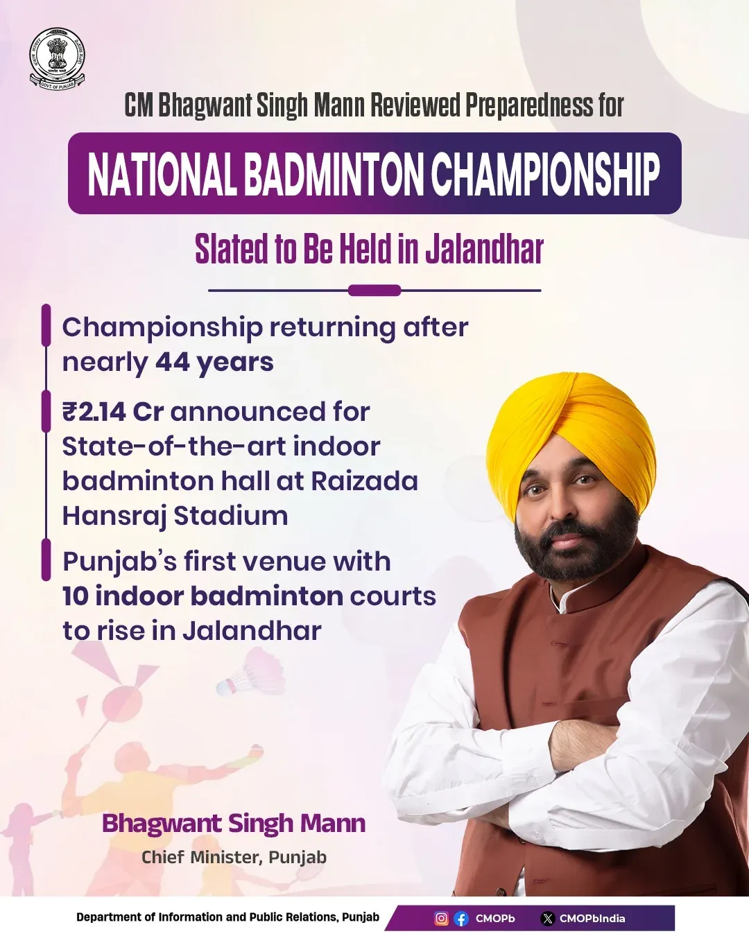 CM Bhagwant Mann grants ₹2.14 cr for Jalandhar badminton hall