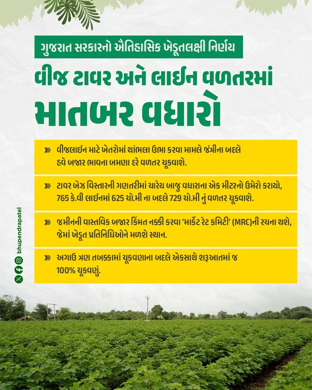 CM Bhupendra Patel doubles farmer payout for power line land use