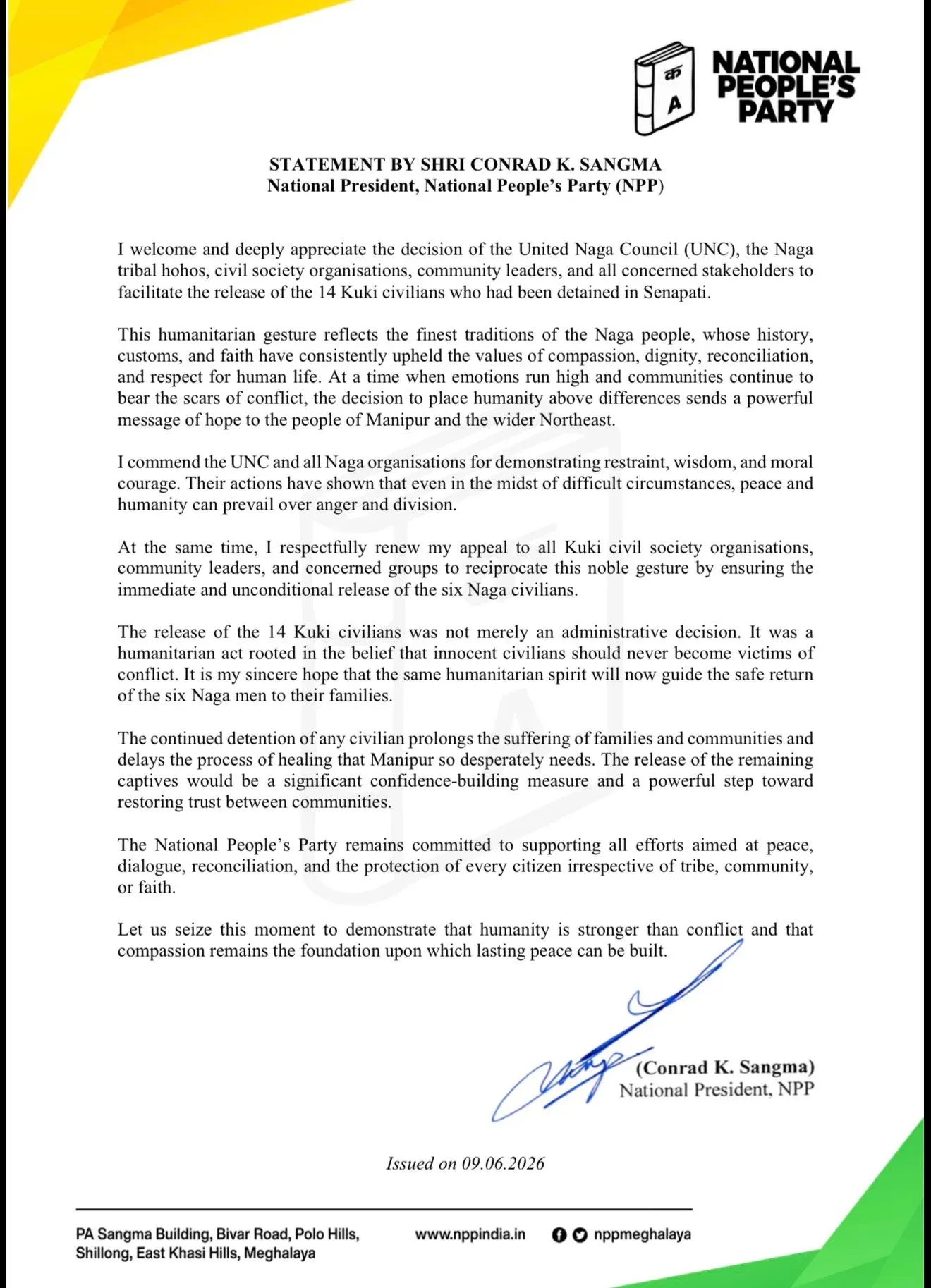 CM Conrad Sangma appeals for release of 6 Naga civilians