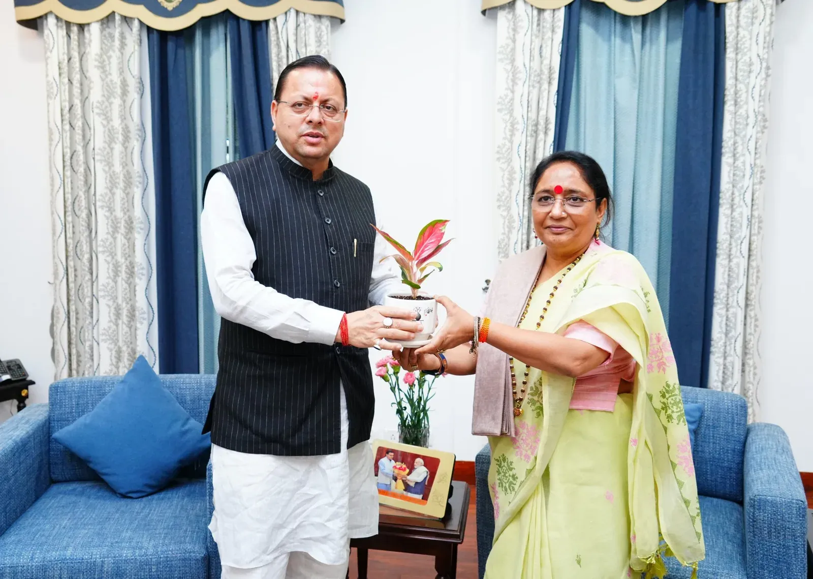 CM Dhami meets Assembly Speaker Ritu Khanduri at CM residence