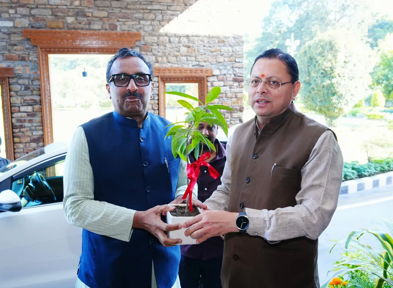 CM Dhami meets BJP's Ram Madhav at official residence