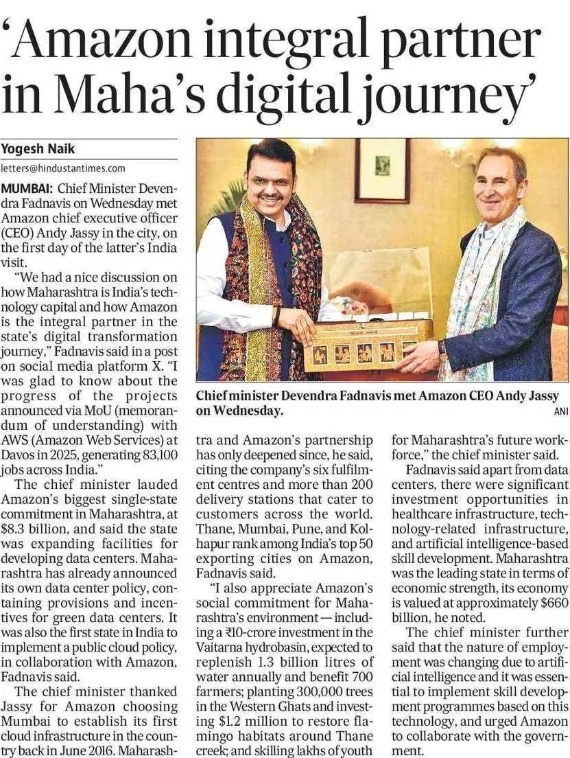 CM Fadnavis calls Amazon 'integral partner' in Maharashtra's digital journey