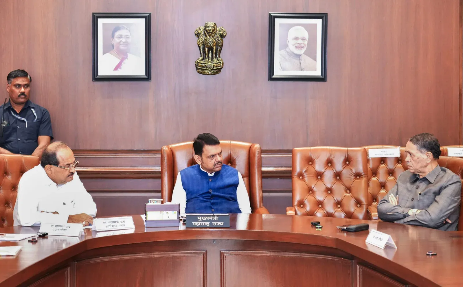 CM Fadnavis Chairs Meeting With Min Vikhe Patil at Vidhan Bhavan
