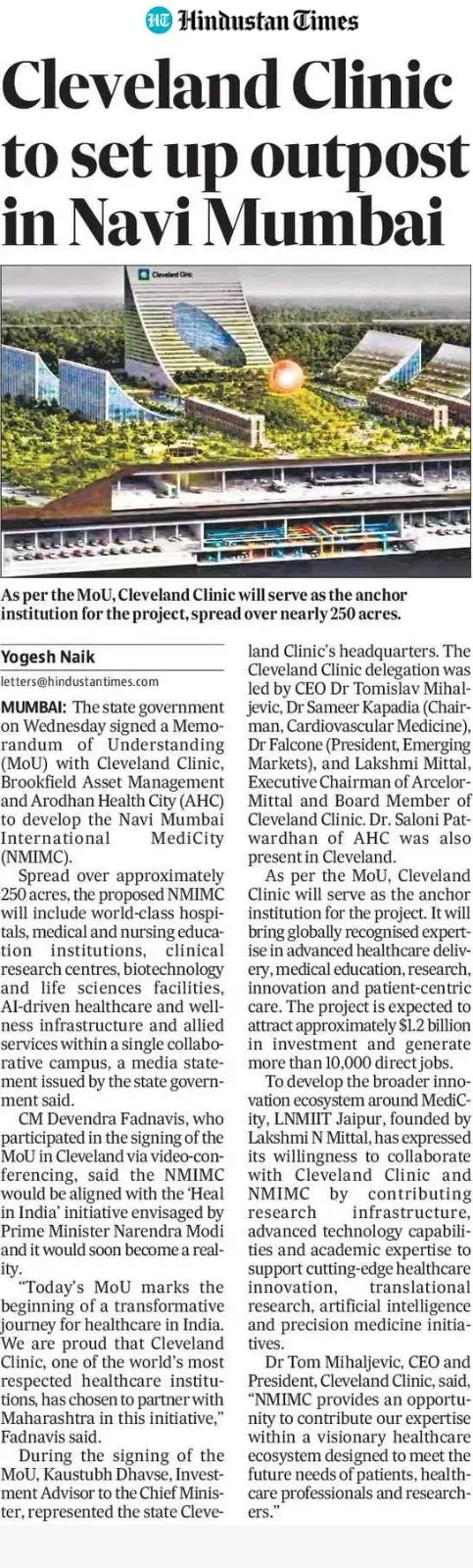 CM Fadnavis: Cleveland Clinic to open outpost in Navi Mumbai