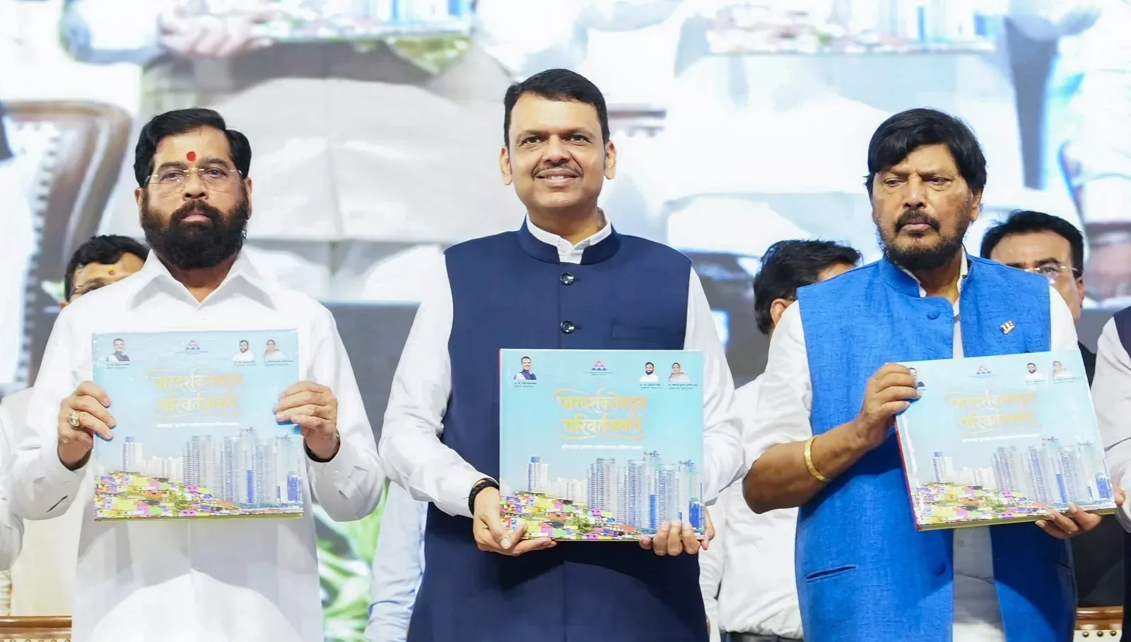 CM Fadnavis, Dy CM Shinde launch SRA coffee table book in Mumbai