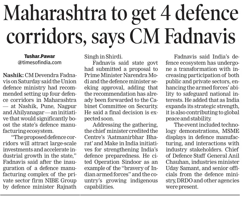 CM Fadnavis: Maharashtra to get 4 defence corridors