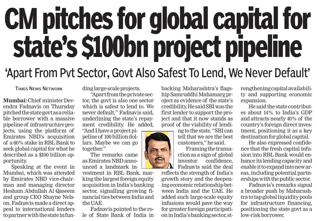 CM Fadnavis Pitches Maharashtra's $100bn Projects to Global Capital