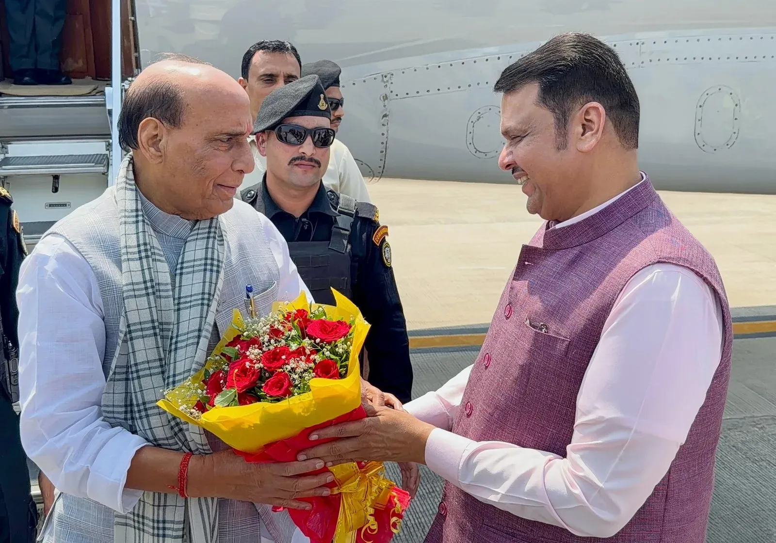 CM Fadnavis Receives Rajnath Singh in Shirdi, Ahilyanagar