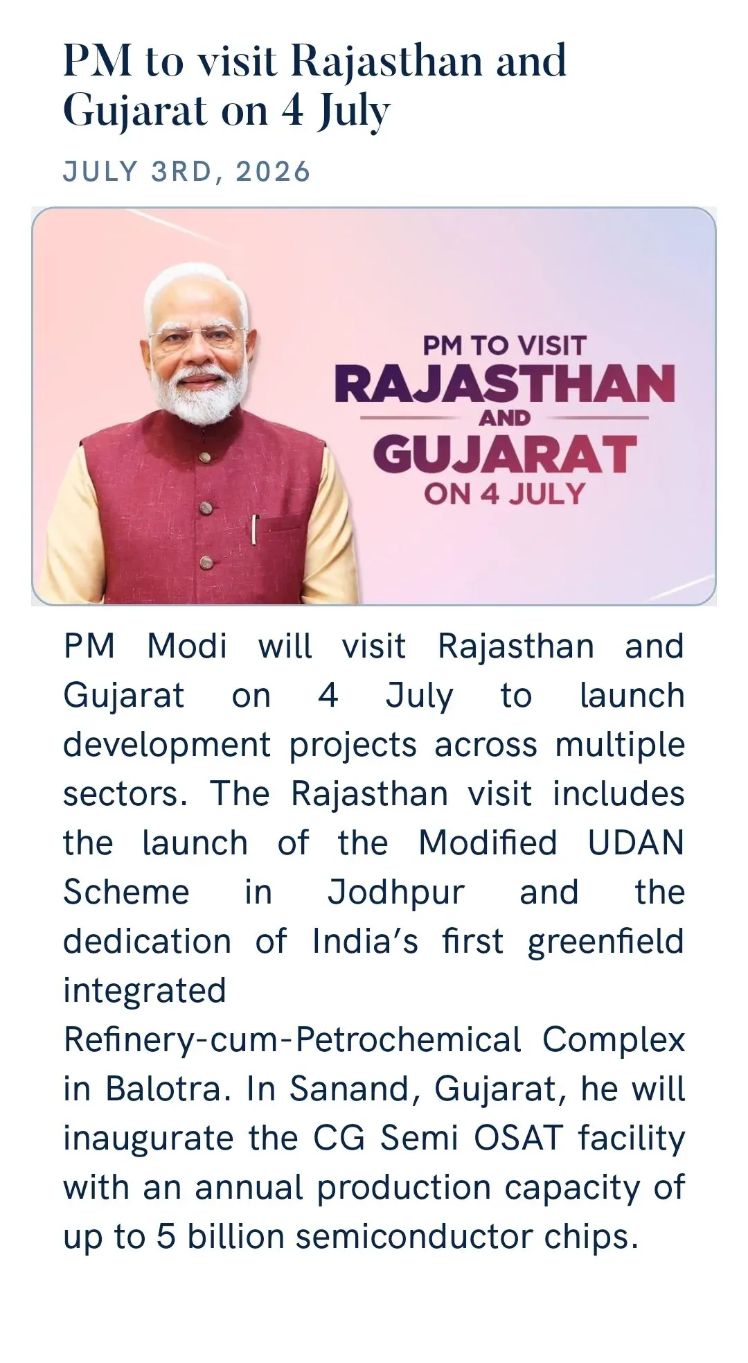 CM Gujarat: PM Modi to Visit Rajasthan and Gujarat on 4 July
