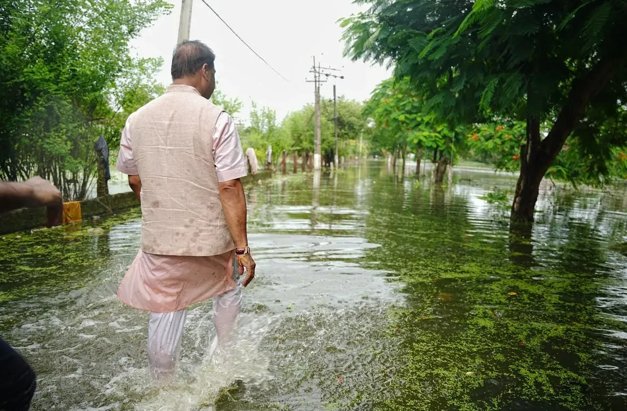 CM Himanta Wades Through Floodwaters in Sivasagar, Demow