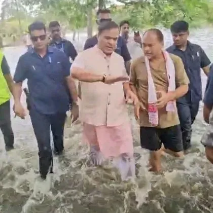 CM Himanta Wades Through Floodwaters to Meet Affected Families