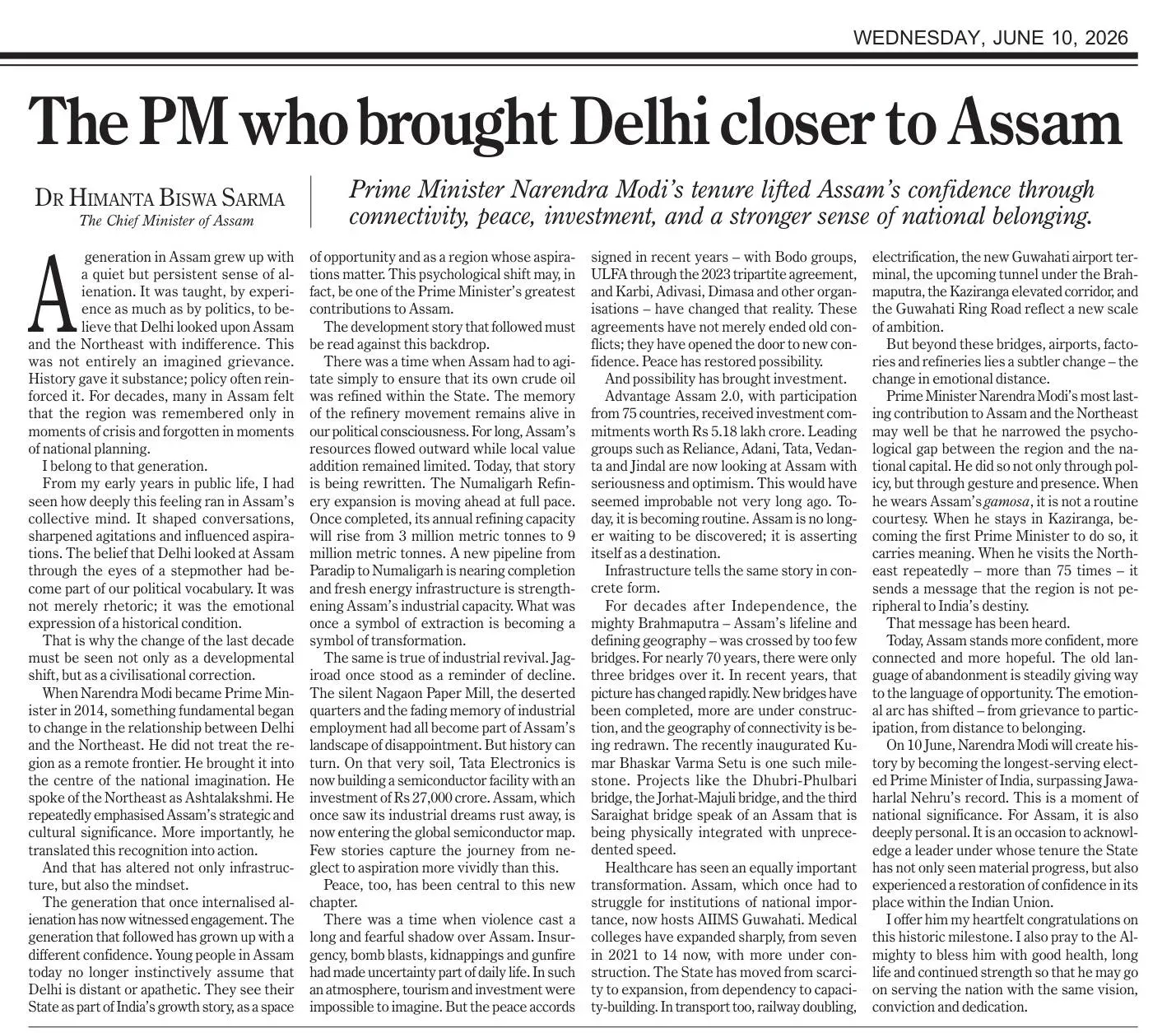 CM Himanta writes on Modi reshaping Assam's development