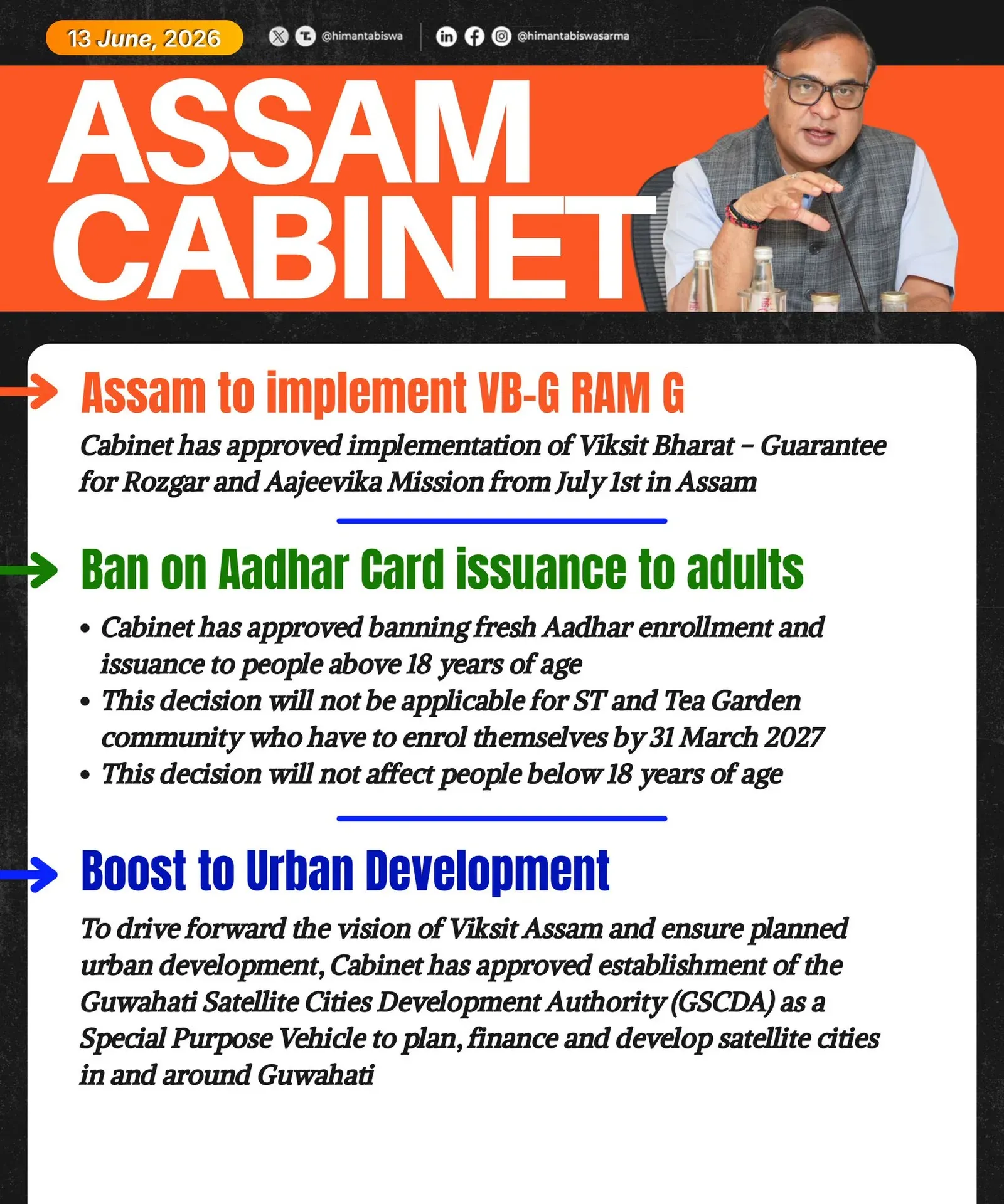 CM Himanta's Assam Cabinet Takes Key Decisions on Aadhaar, Urban Growth