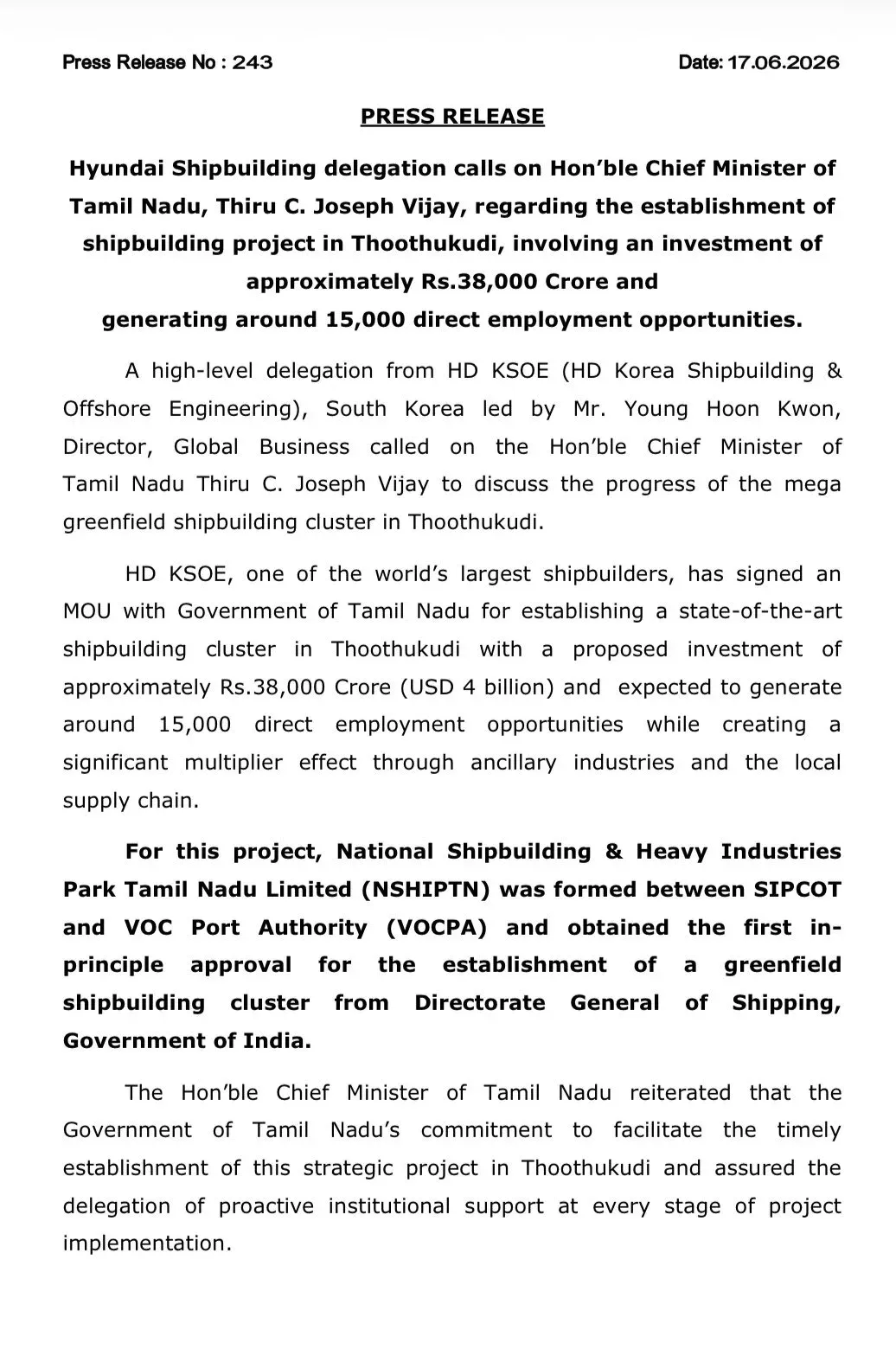 CM Joseph Vijay meets Hyundai Shipbuilding delegation over Rs.38,000 Cr Thoothukudi project