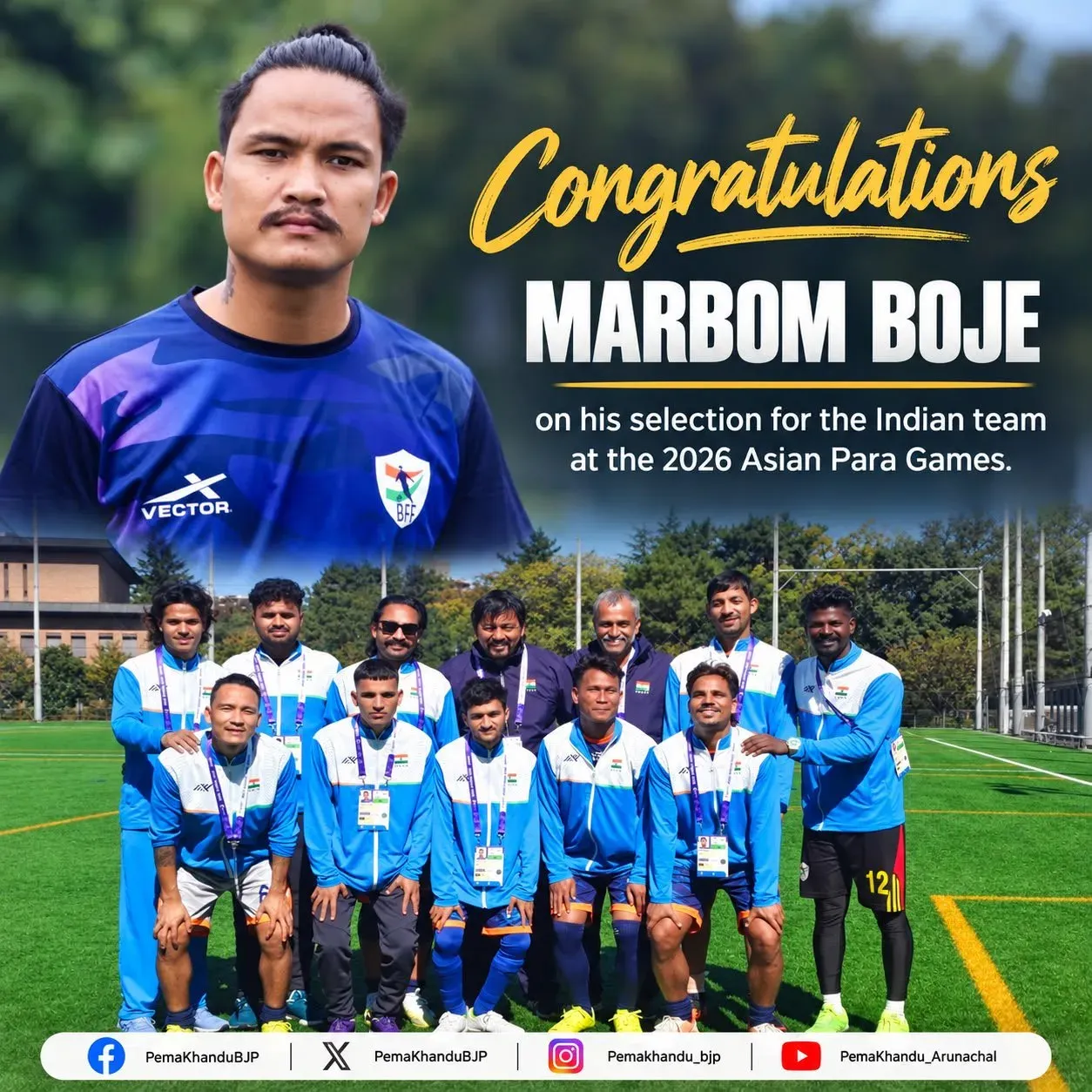 CM Khandu hails blind footballer Boje's Asian Para Games call-up