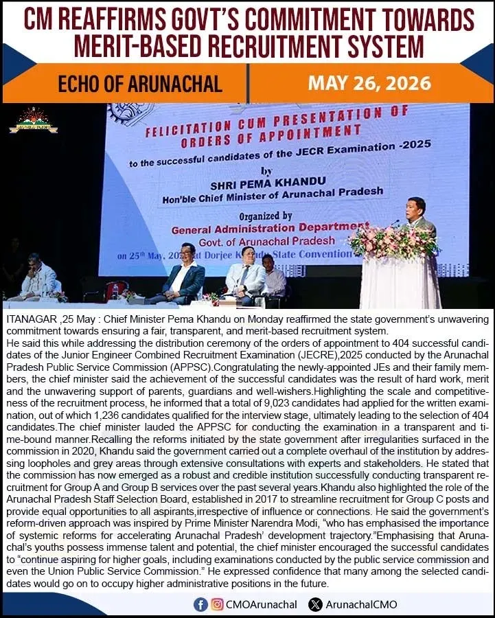 CM Pema Khandu Addresses 404 JECRE 2025 Appointees in Arunachal