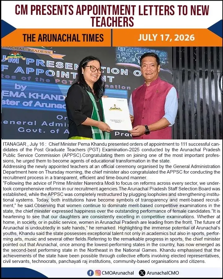 CM Pema Khandu Hands Appointment Orders to 111 PGTs