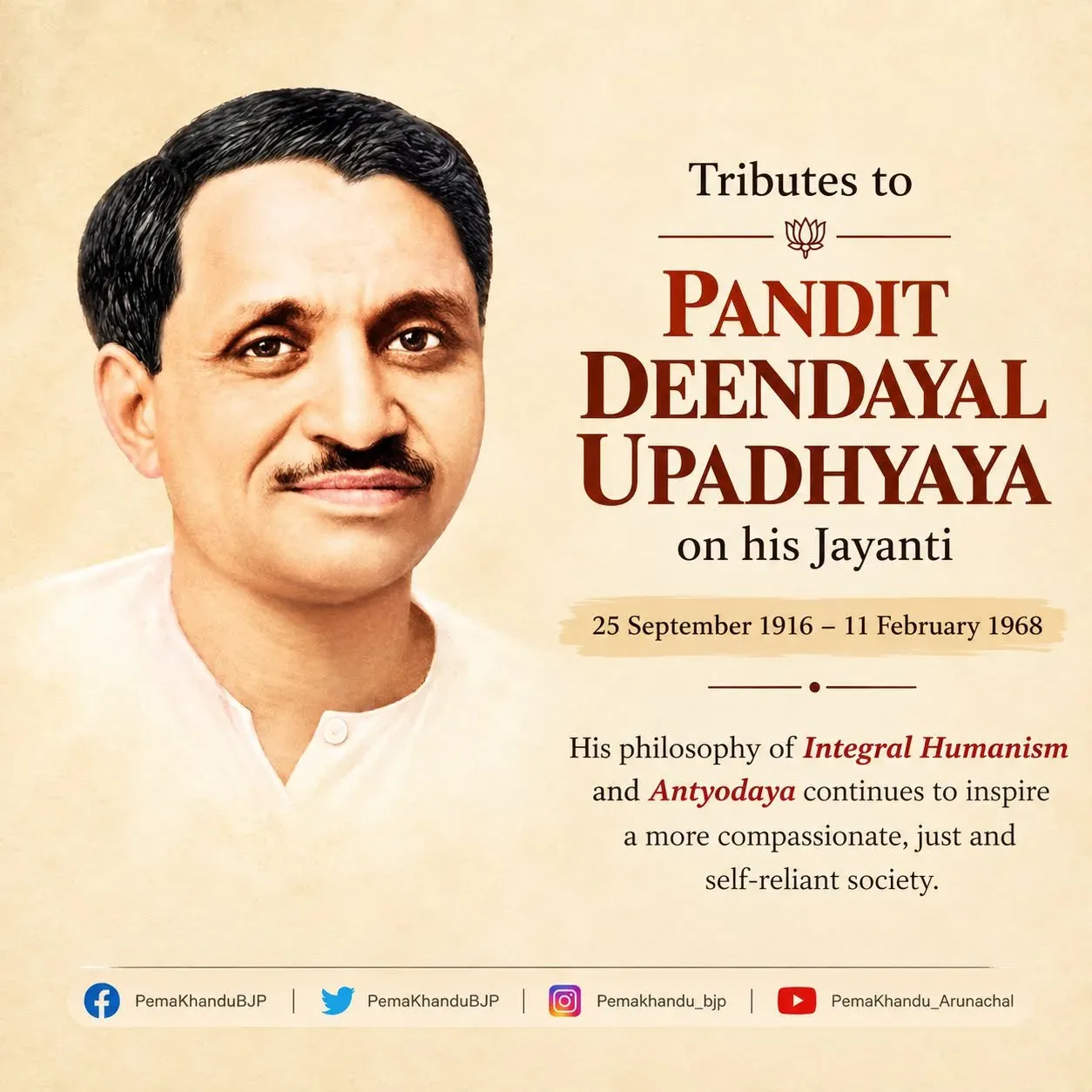CM Pema Khandu Pays Tribute to Deendayal Upadhyaya on Birth Anniversary