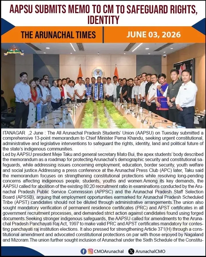 CM Pema Khandu Receives AAPSU Memorandum on Indigenous Rights