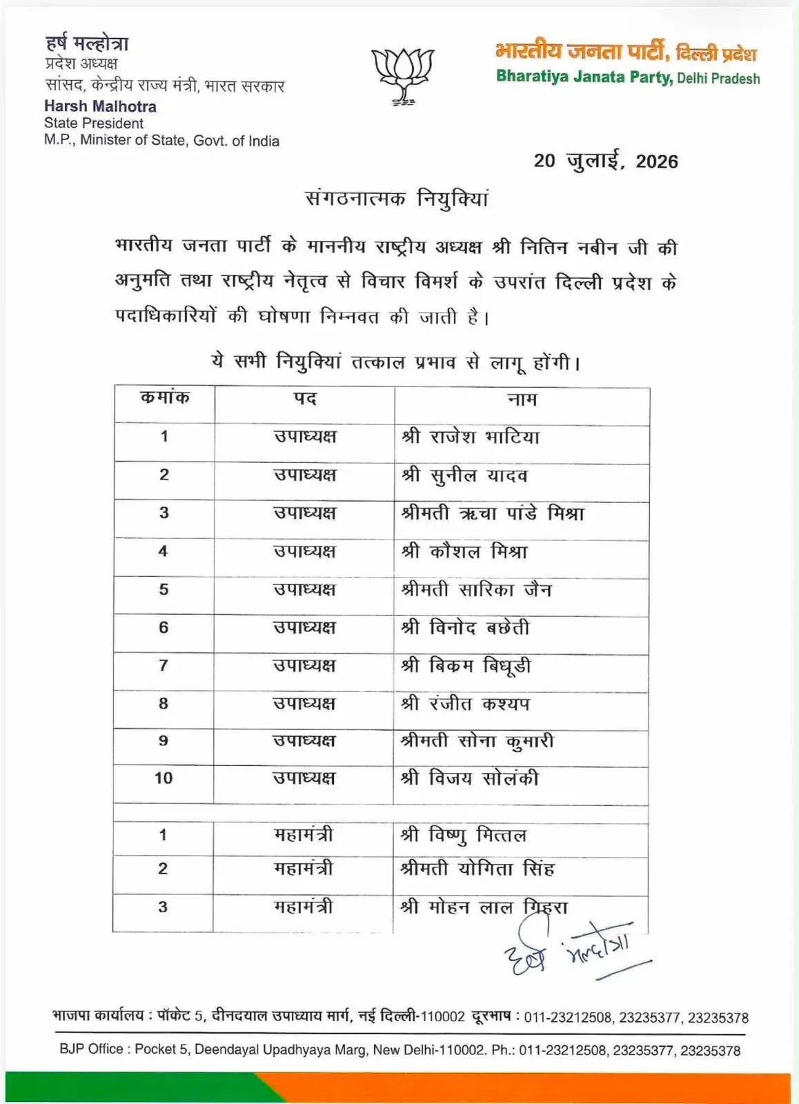 CM Rekha Gupta Congratulates New BJP Delhi Office Bearers