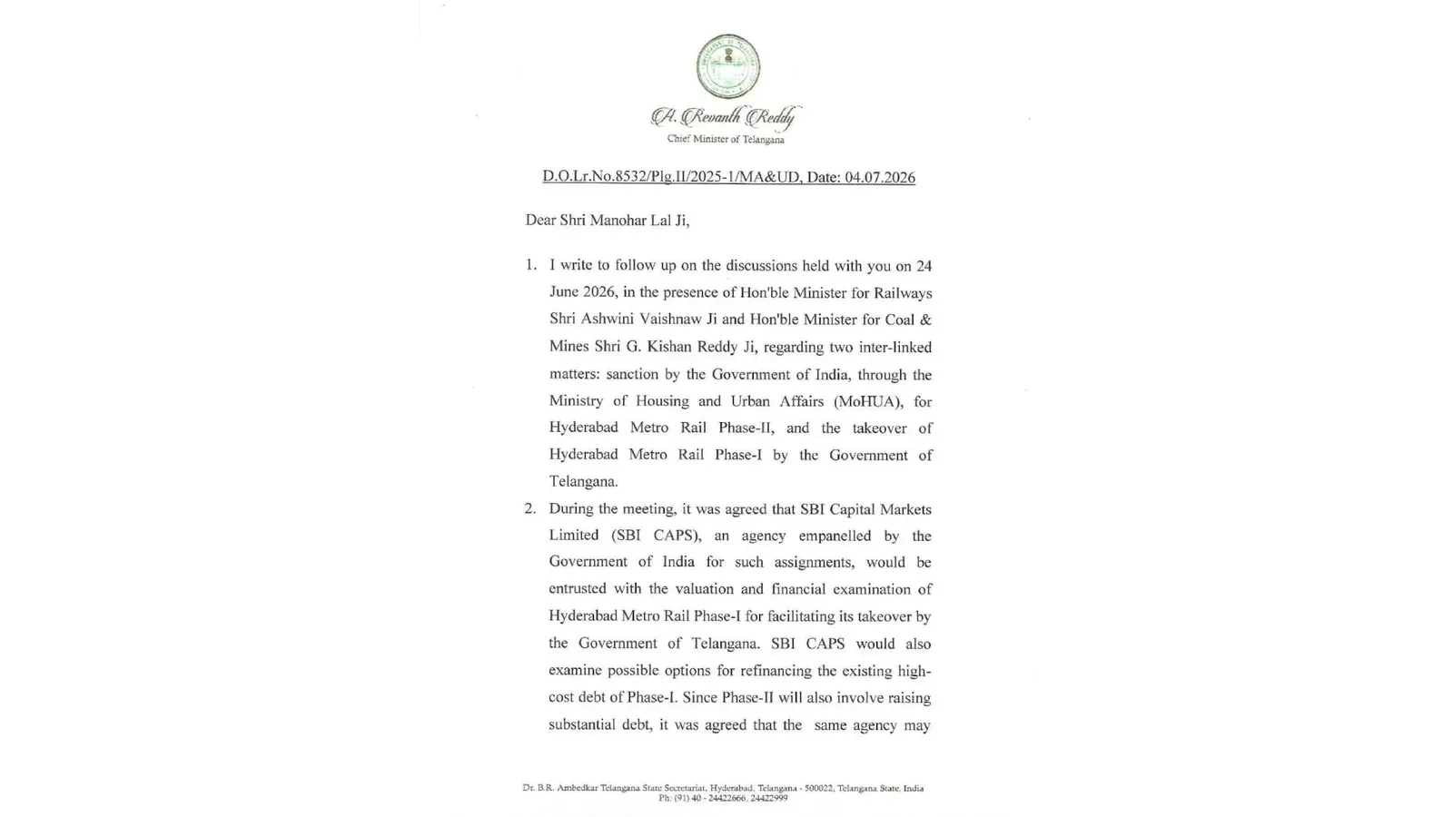 CM Revanth Reddy Writes to Centre on Hyderabad Metro Phase-II