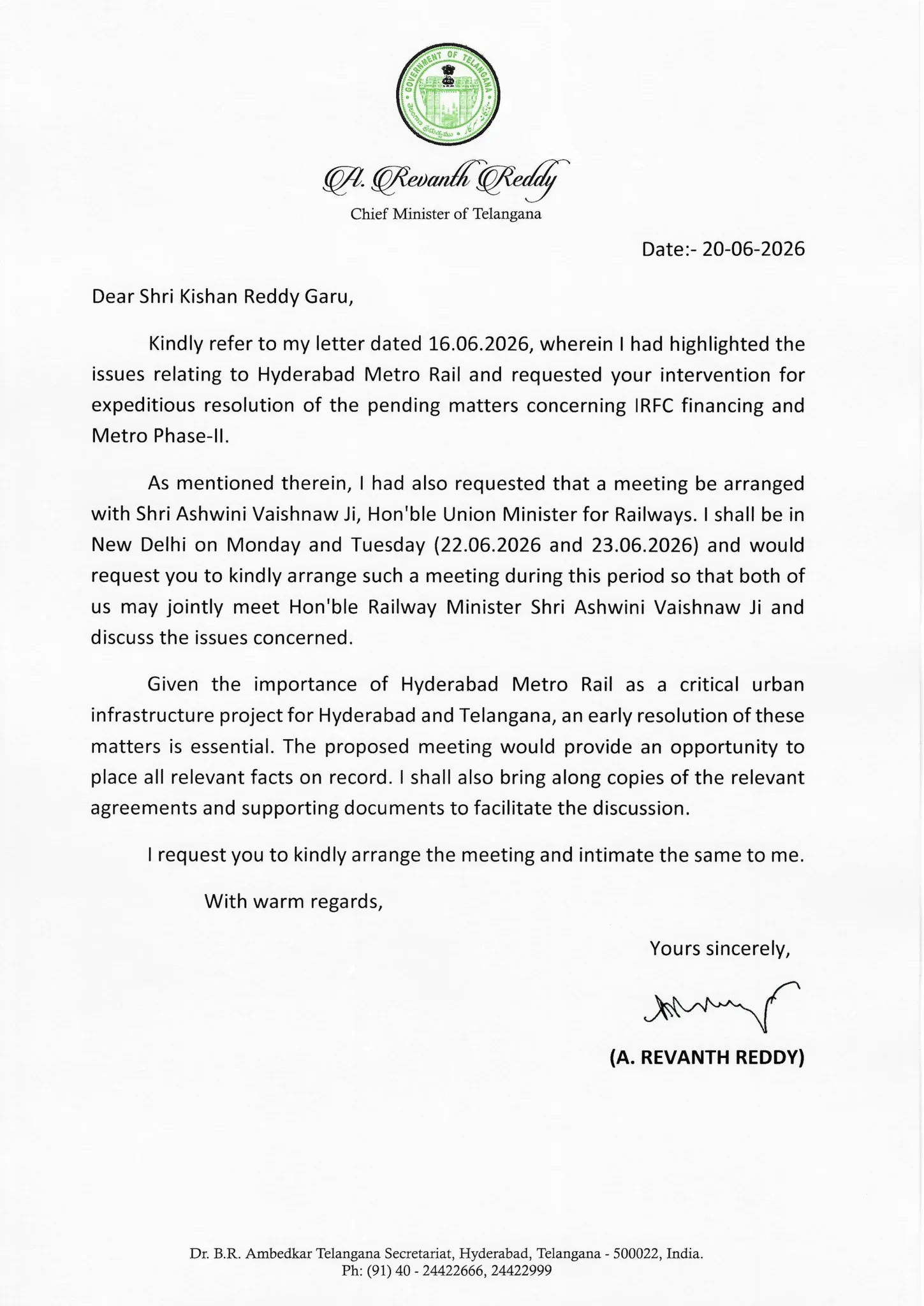 CM Revanth Writes to Kishan Reddy for Rail Meet on Hyderabad Metro