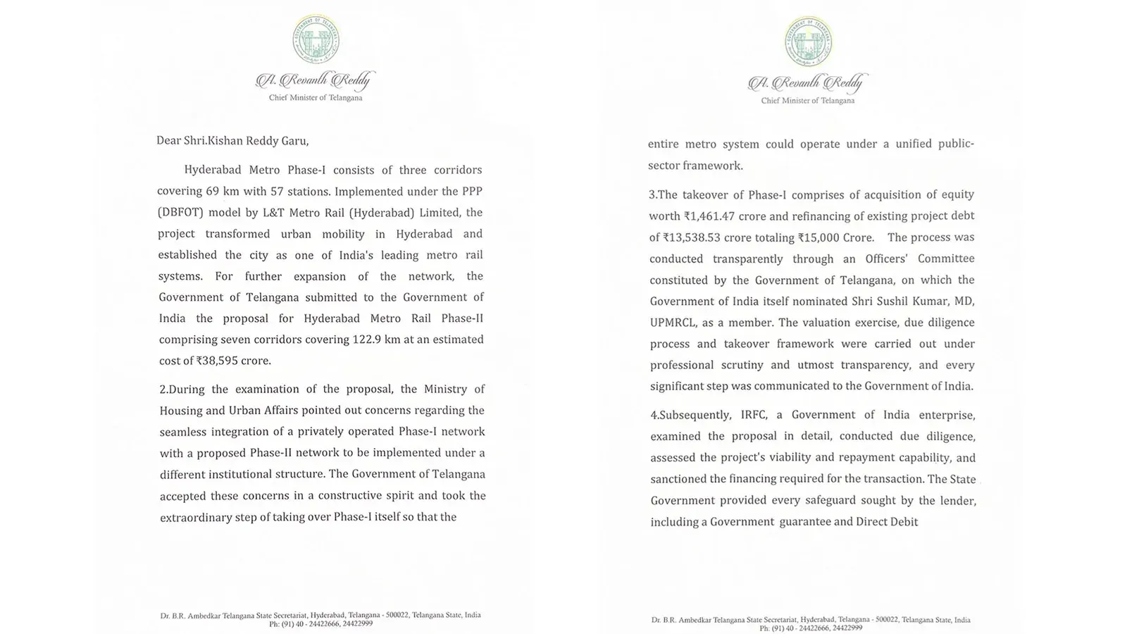 CM Revanth Writes to Kishan Reddy on IRFC Metro Funds
