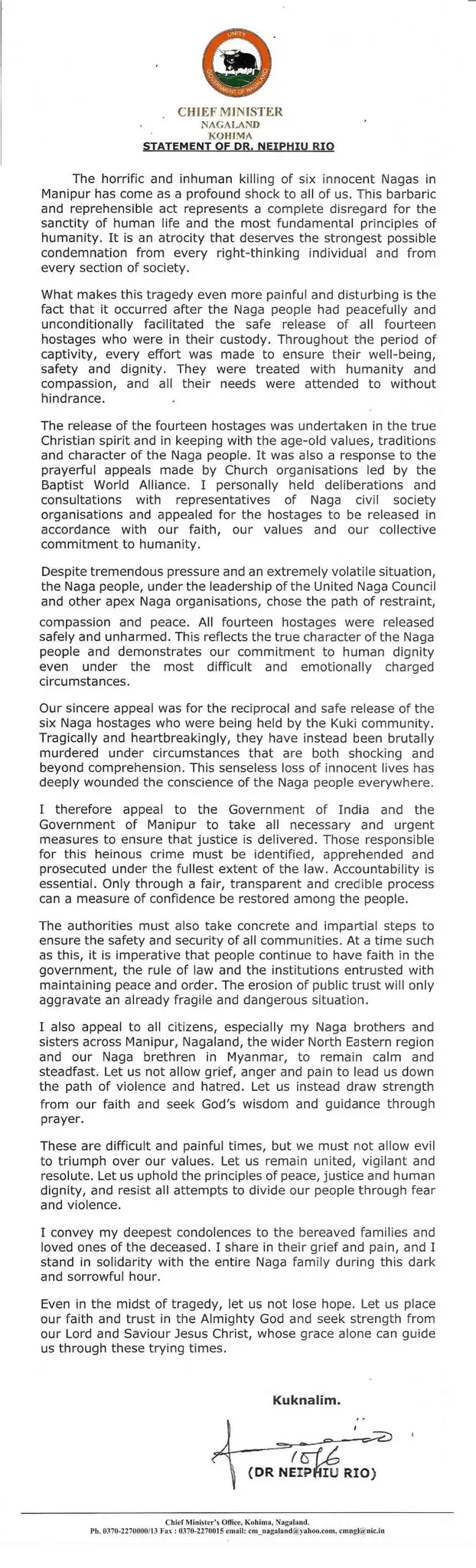 CM Rio Issues Formal Statement via Nagaland CMO