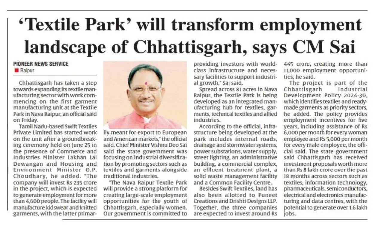 CM Sai Launches First Garment Unit at Nava Raipur Textile Park