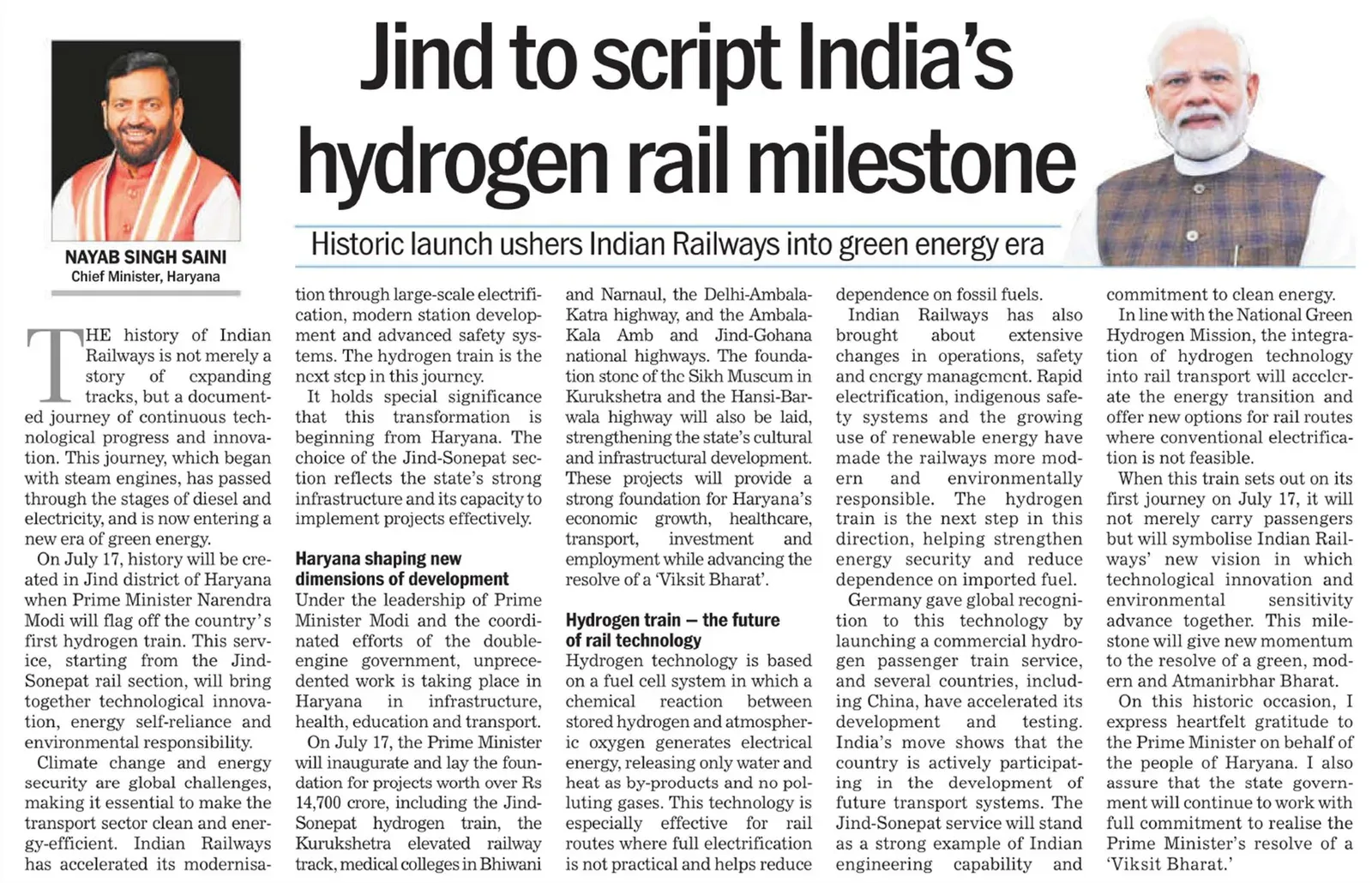 CM Saini Backs Jind-Sonipat Hydrogen Train Under NaMo Green Rail