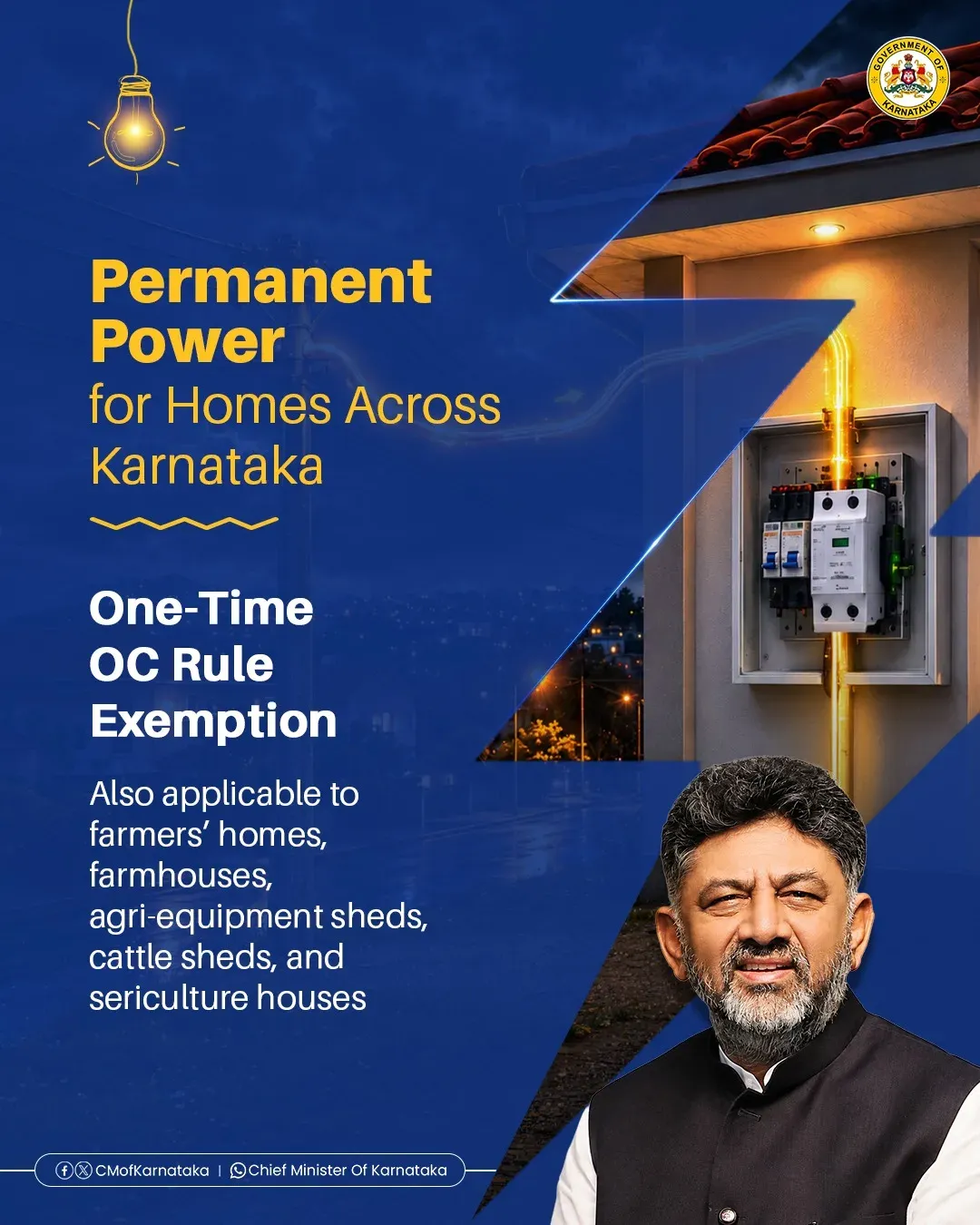 CM Shivakumar Grants One-Time OC Exemption for Home Power Links