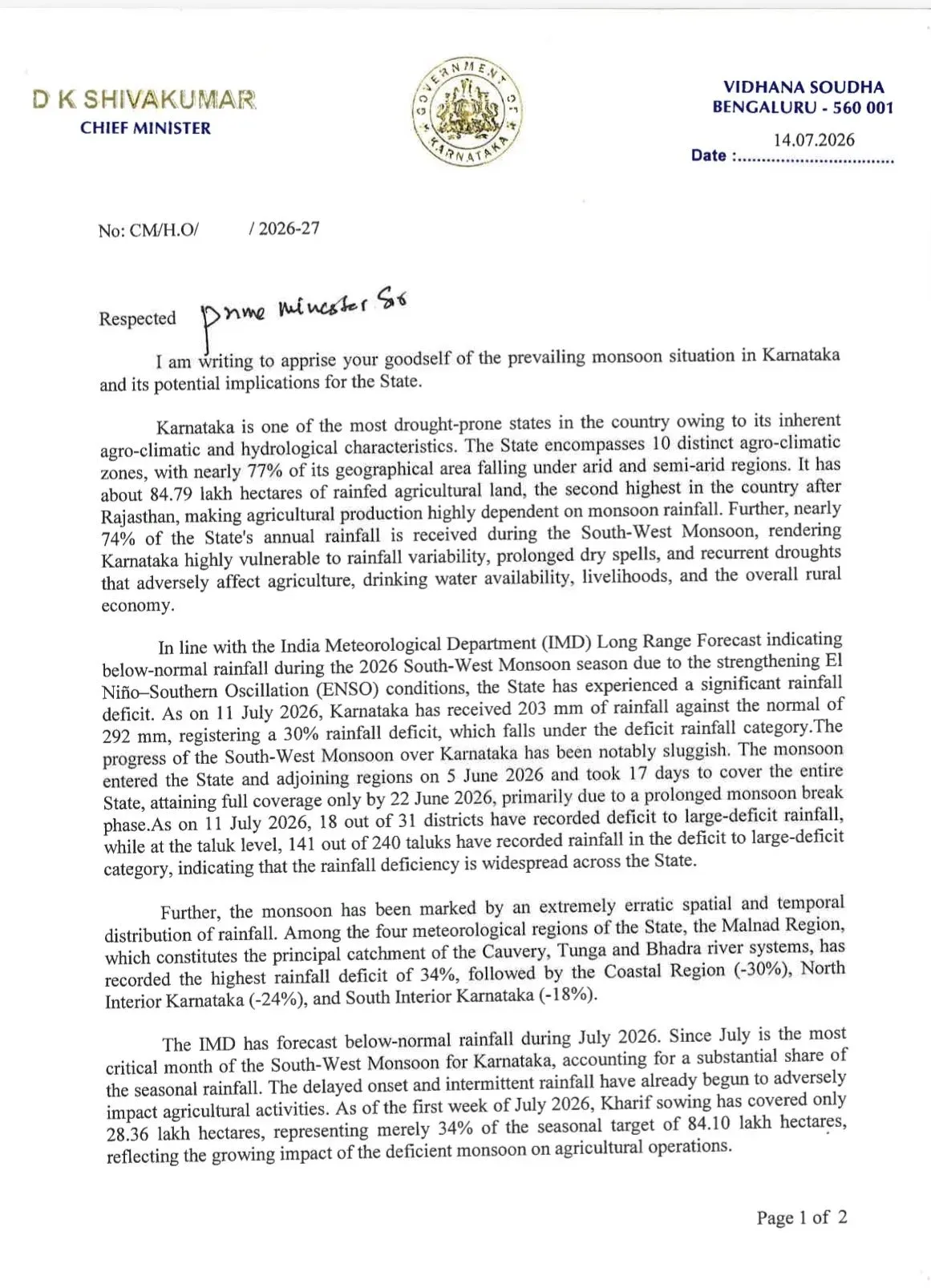 CM Shivakumar Writes to PM Modi Over Karnataka Drought