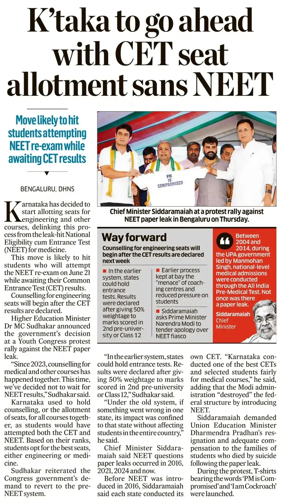 CM Siddaramaiah backs Youth Congress NEET protest, seeks PM accountability