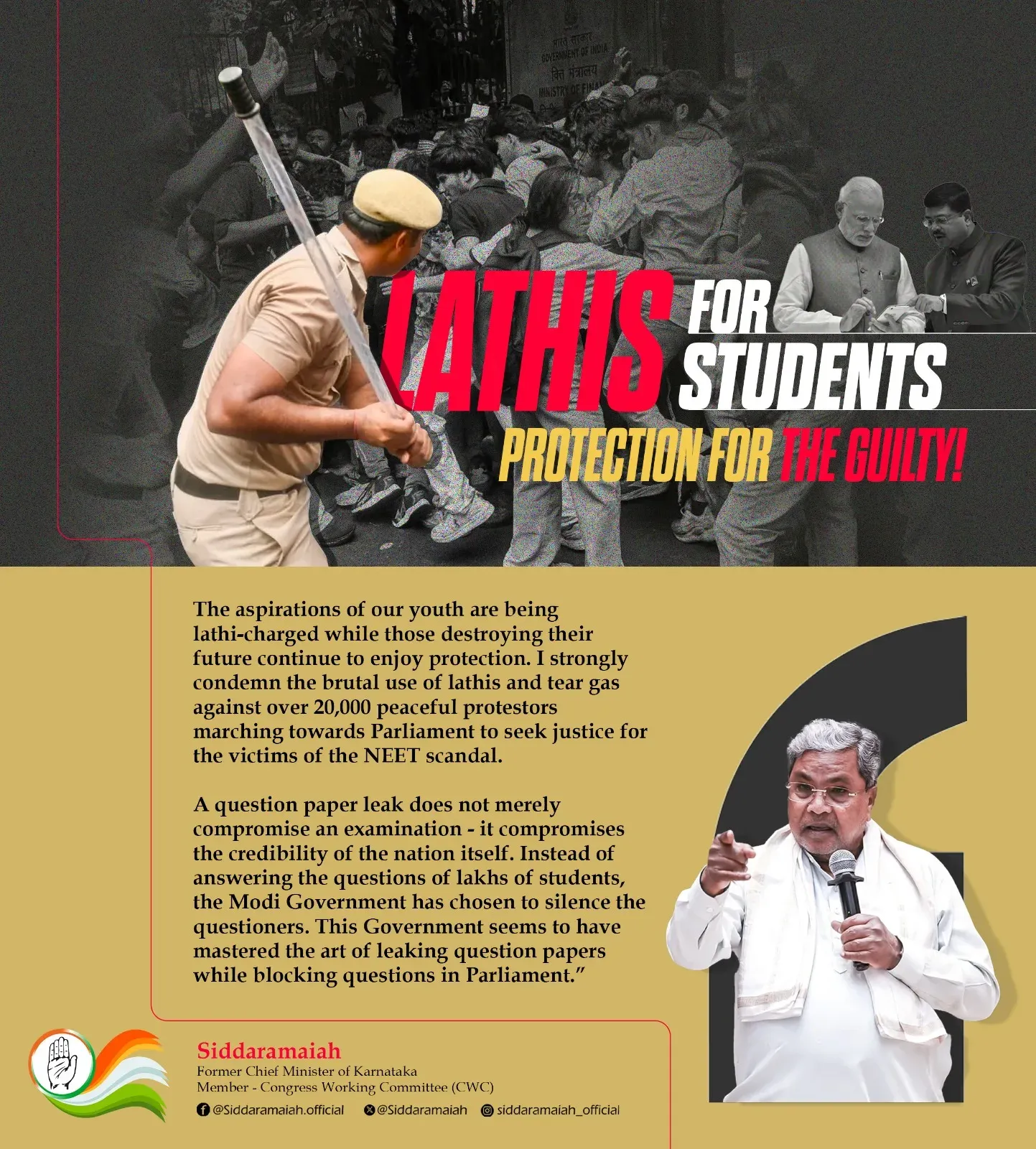 CM Siddaramaiah Condemns Lathi-Charge on NEET Protest March