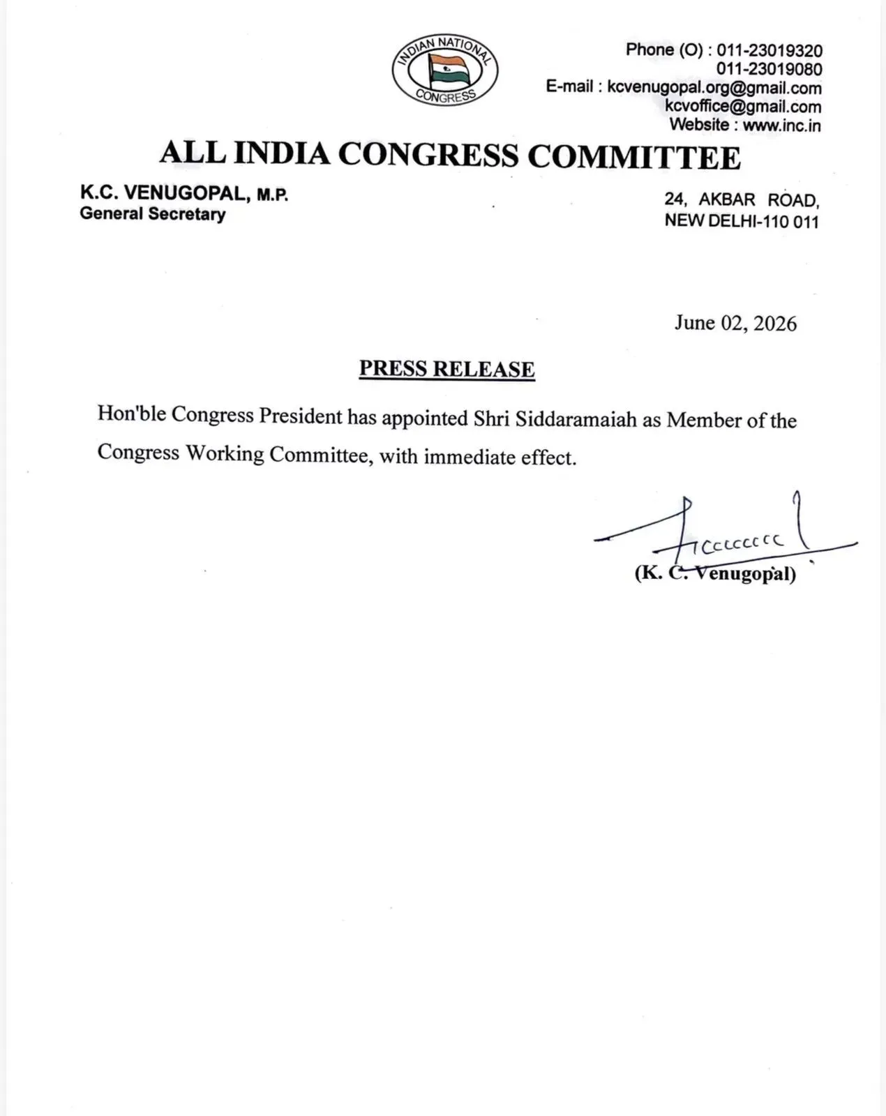 CM Siddaramaiah Thanks Congress Brass on CWC Appointment