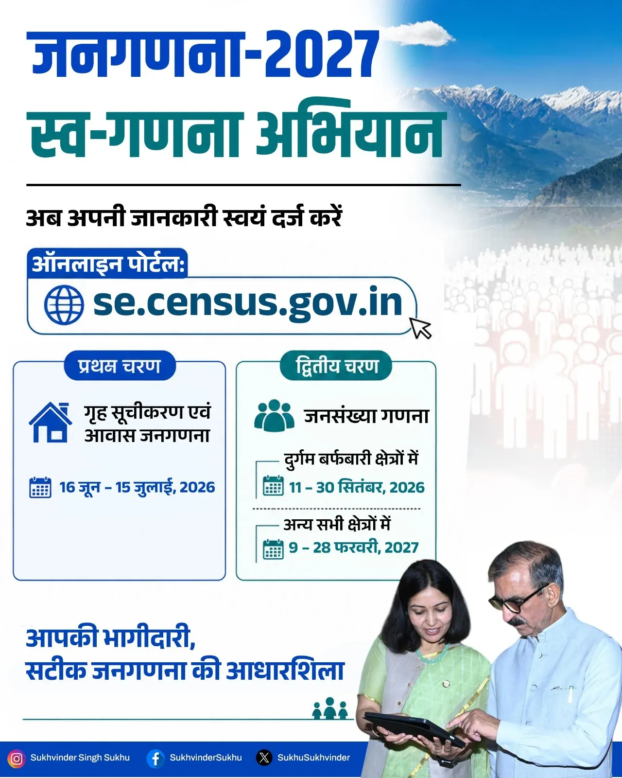 CM Sukhu Urges Himachal Residents to Join Census 2027 Self-Enumeration