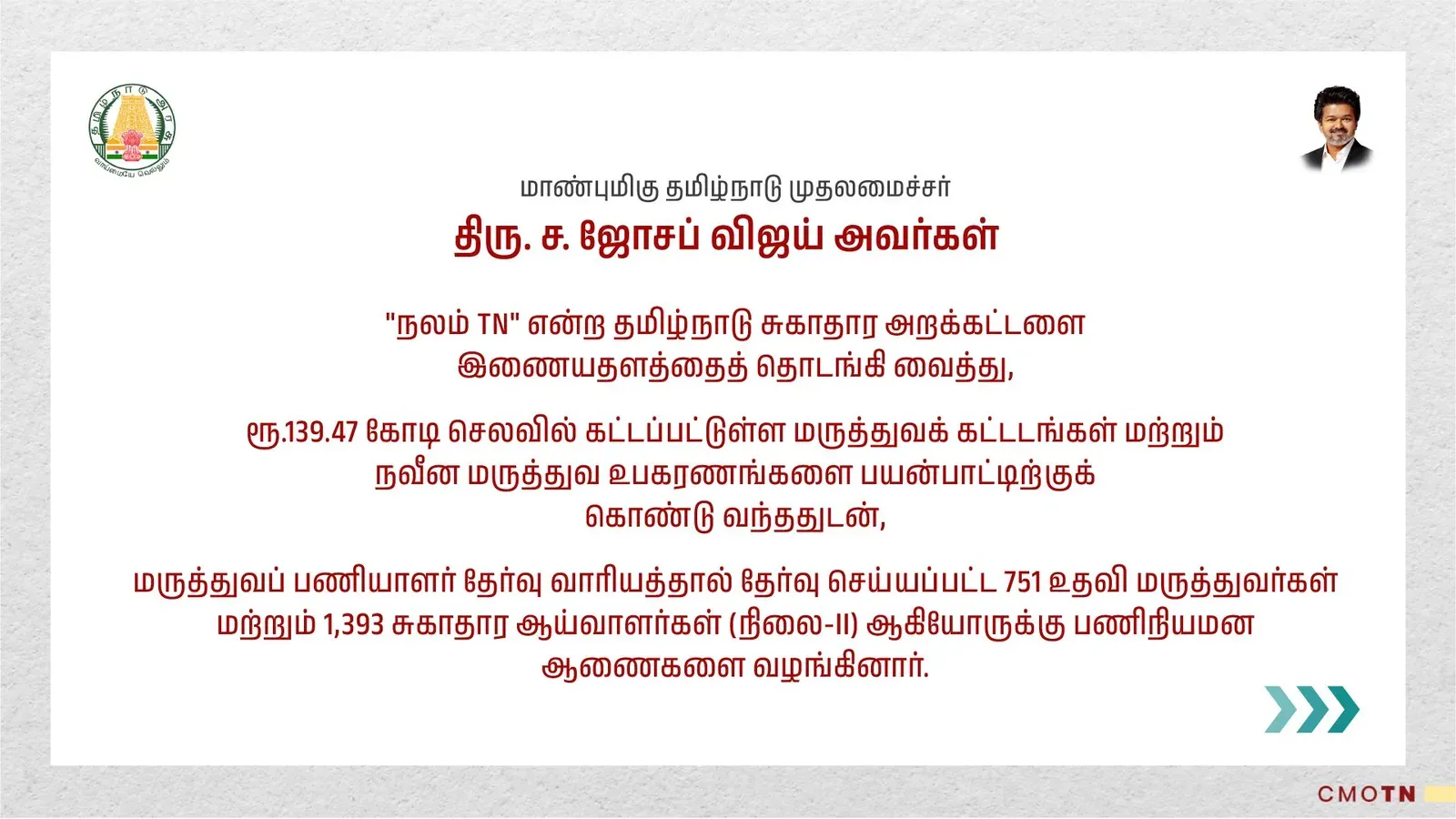 CM Vijay launches Nalam TN portal, hands appointments to 2,144 health staff