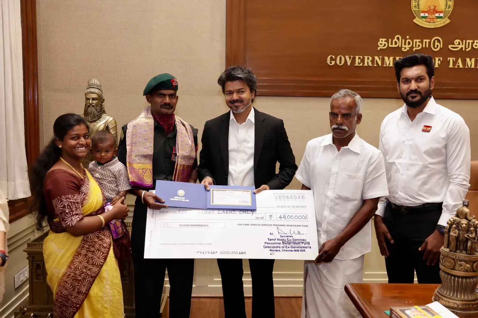 CM Vijay Meets Kirti Chakra Awardee Lance Naik Meenakshi Sundaram
