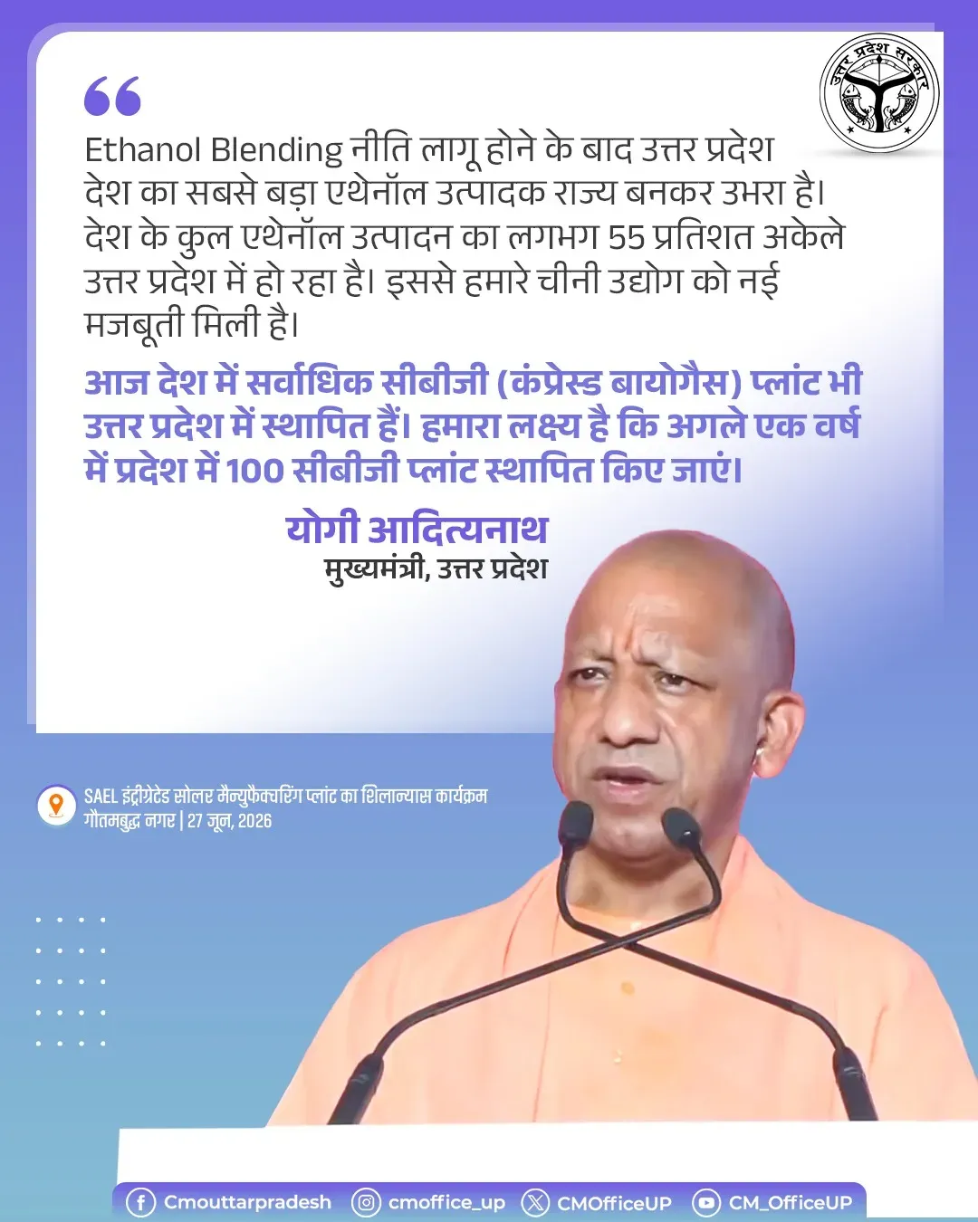 CM Yogi: UP Produces 55% of India's Ethanol, Leads in CBG Plants