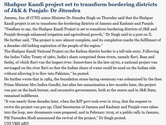 Dr. Jitendra Singh flags Shahpur Kandi project for J&K-Punjab border