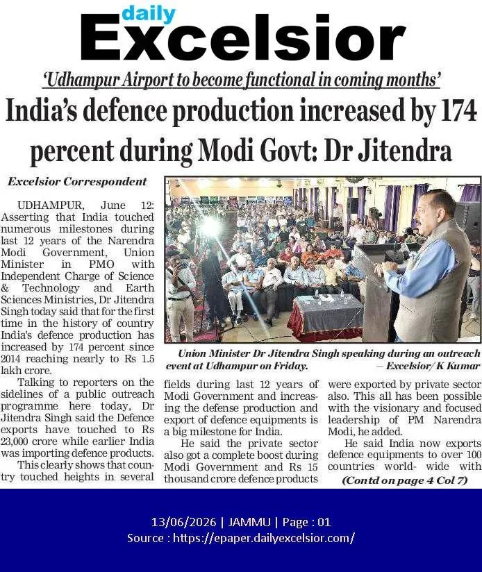 Dr. Jitendra Singh: India's defence output up 174% under Modi