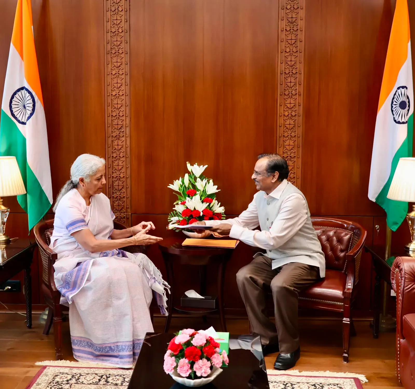 Finance Minister Sitharaman meets ISRO Chief Dr V Narayanan